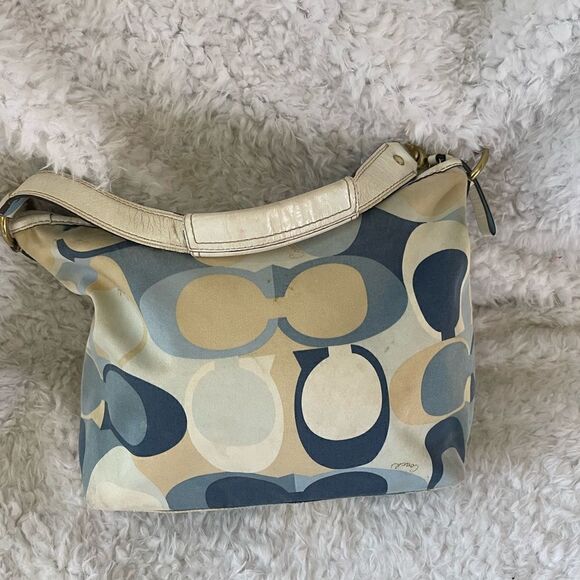 Coach Signature Nylon Blue Scarf Print Hobo Bag 11734 Leather strap and trim. - Picture 3 of 16
